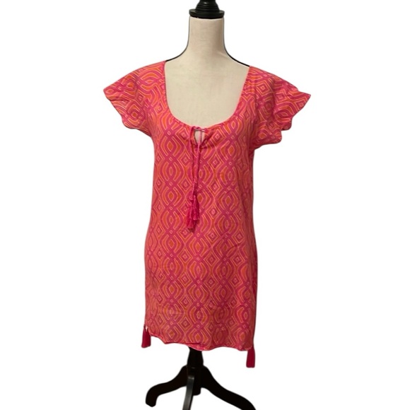 Mud Pie Pink and Orange Flutter Sleeve Tassel Swim Coverup Size Medium EUC - Picture 1 of 10